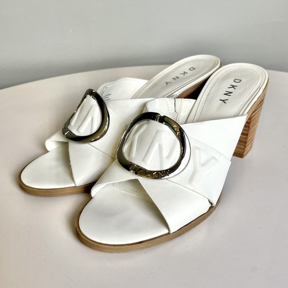 Dkny Shoes - DKNY White Chunky Heel Cavi Mules with Silver Buckles